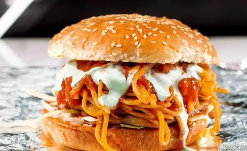 Delicious Aloo Tikki Noodle Burger at Spices of Punjab in Edmonton, AB